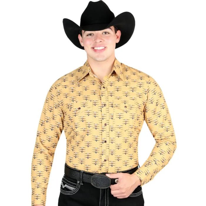 El General - Men's Yellow Western Shirt with Longhorn Print 44323 - OriginalWestern.com