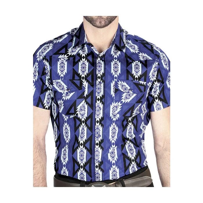 El General - Navy Short-Sleeve Western Shirt with Geometric Patterns for Men 44460 - OriginalWestern.com