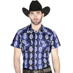 El General - Navy Short-Sleeve Western Shirt with Geometric Patterns for Men 44460 - OriginalWestern.com