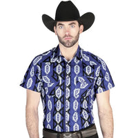 El General - Navy Short-Sleeve Western Shirt with Geometric Patterns for Men 44460 - OriginalWestern.com
