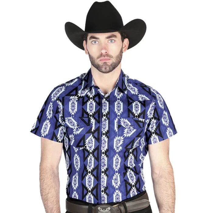 El General - Navy Short-Sleeve Western Shirt with Geometric Patterns for Men 44460 - OriginalWestern.com