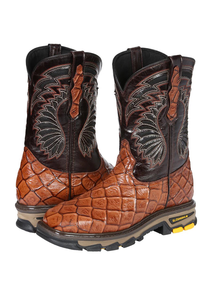 El General Pirarucu Fish Print Square Toe Soft Toe Work Boots – Cognac - OriginalWestern.com