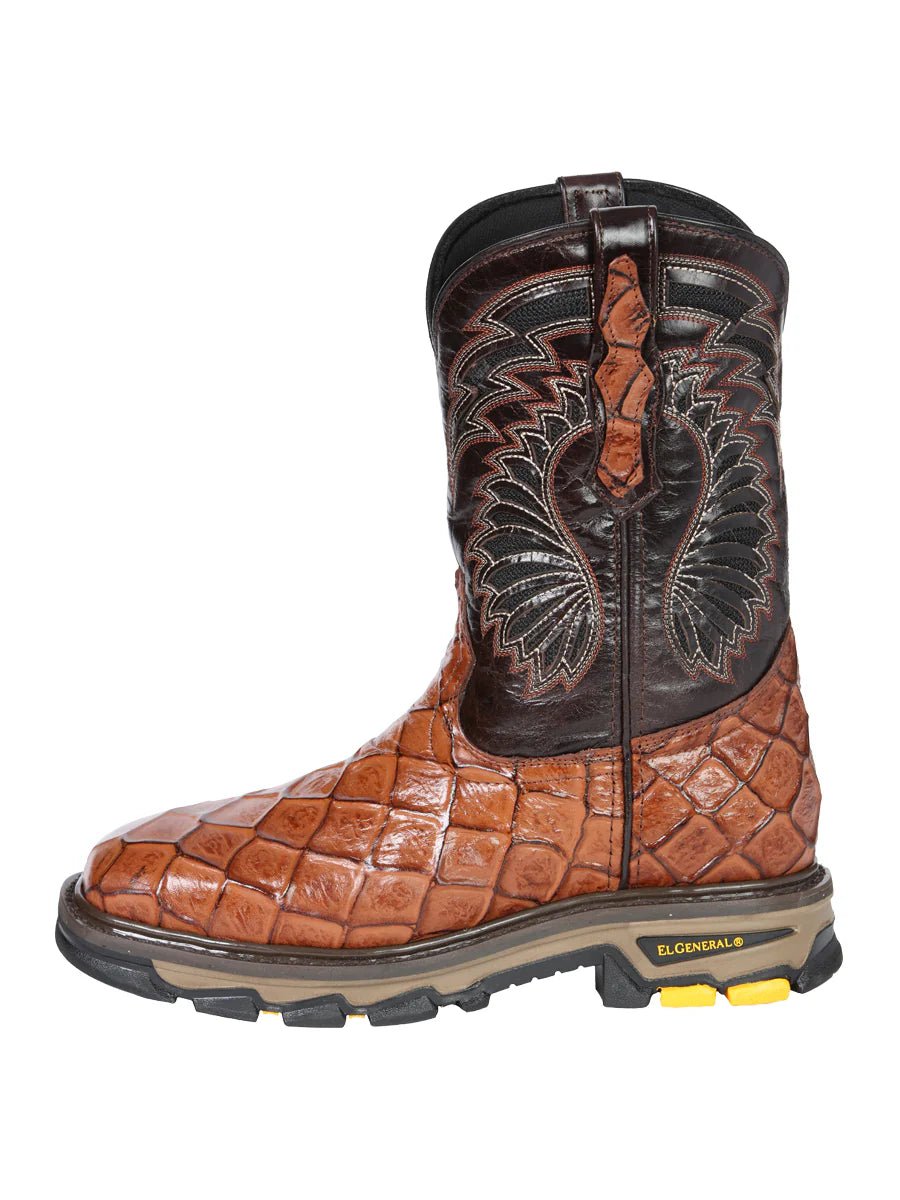 El General Pirarucu Fish Print Square Toe Soft Toe Work Boots – Cognac - OriginalWestern.com