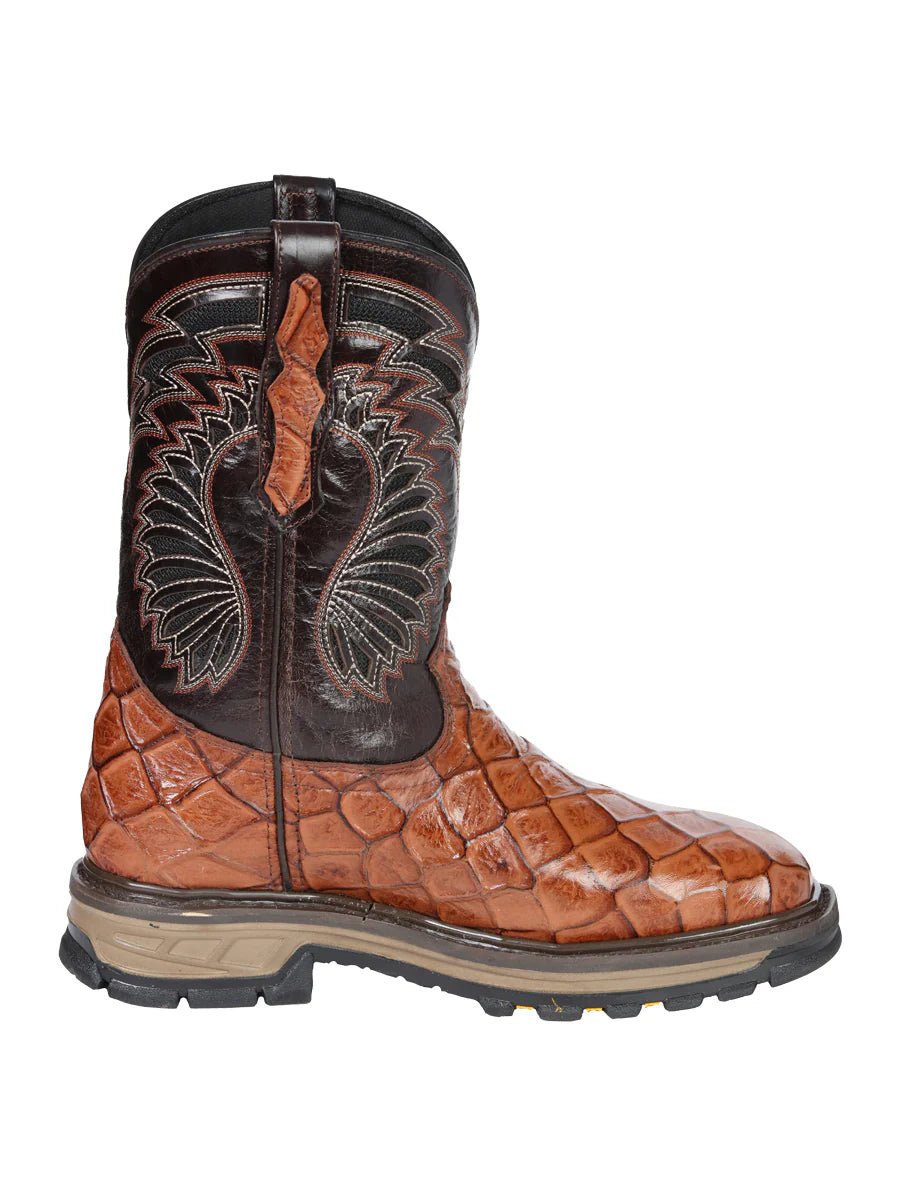 El General Pirarucu Fish Print Square Toe Soft Toe Work Boots – Cognac - OriginalWestern.com
