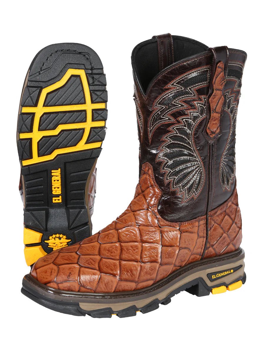 El General Pirarucu Fish Print Square Toe Soft Toe Work Boots – Cognac - OriginalWestern.com