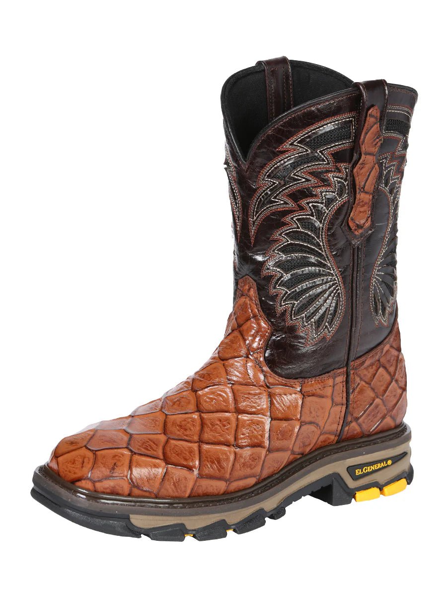 El General Pirarucu Fish Print Square Toe Soft Toe Work Boots – Cognac - OriginalWestern.com