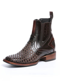 El General Premium Laser Cut Leather Square Toe Ankle Boots with Zipper - Brown - OriginalWestern.com