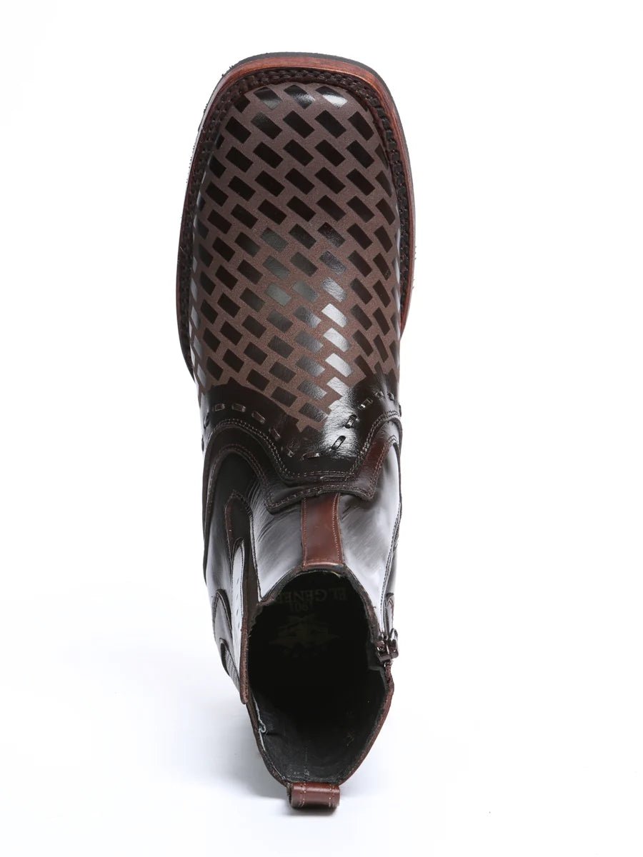 El General Premium Laser Cut Leather Square Toe Ankle Boots with Zipper - Brown - OriginalWestern.com