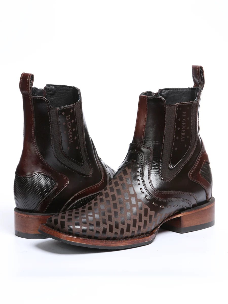 El General Premium Laser Cut Leather Square Toe Ankle Boots with Zipper - Brown - OriginalWestern.com