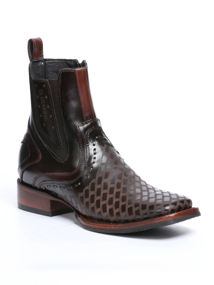 El General Premium Laser Cut Leather Square Toe Ankle Boots with Zipper - Brown - OriginalWestern.com