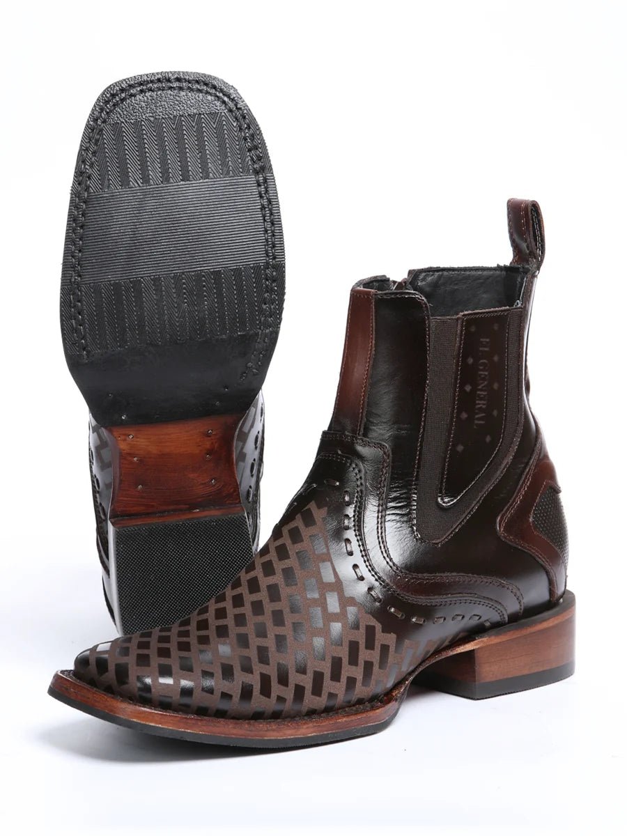 El General Premium Laser Cut Leather Square Toe Ankle Boots with Zipper - Brown - OriginalWestern.com
