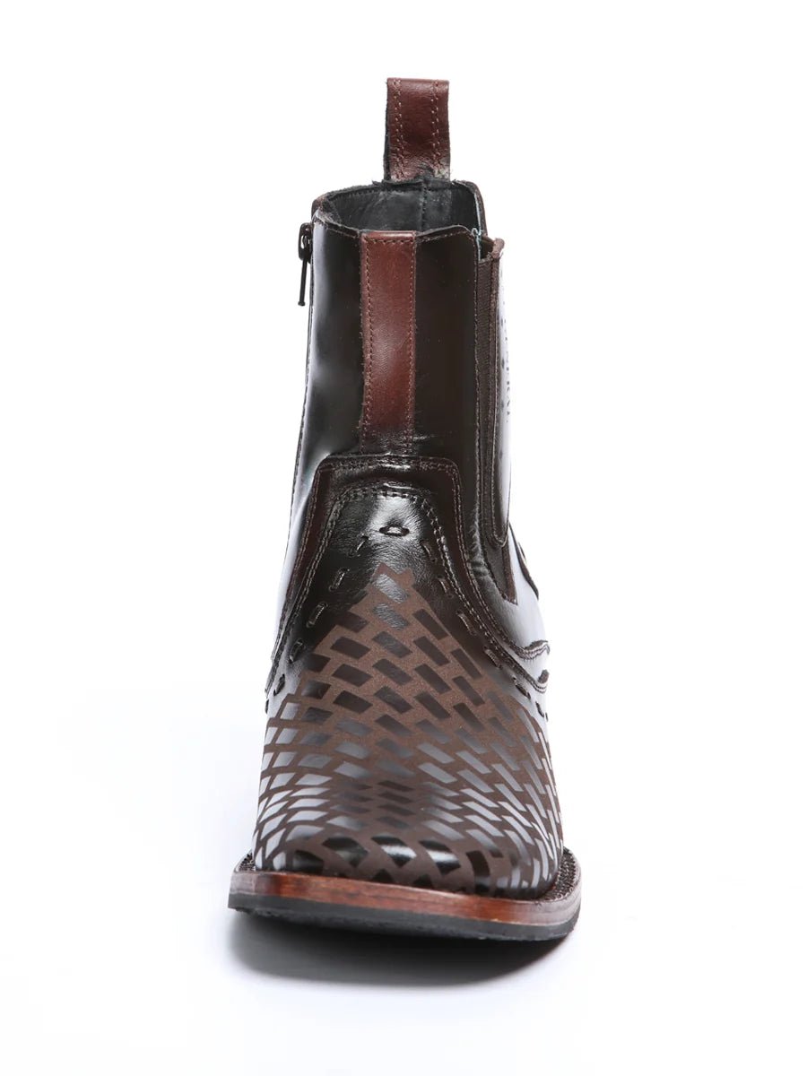 El General Premium Laser Cut Leather Square Toe Ankle Boots with Zipper - Brown - OriginalWestern.com