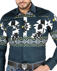 El General - Teal Geometric Western Shirt for Men 44486 - OriginalWestern.com