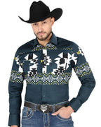 El General - Teal Geometric Western Shirt for Men 44486 - OriginalWestern.com