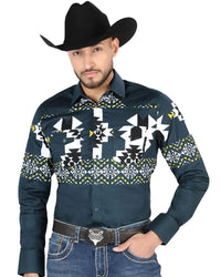 El General - Teal Geometric Western Shirt for Men 44486 - OriginalWestern.com