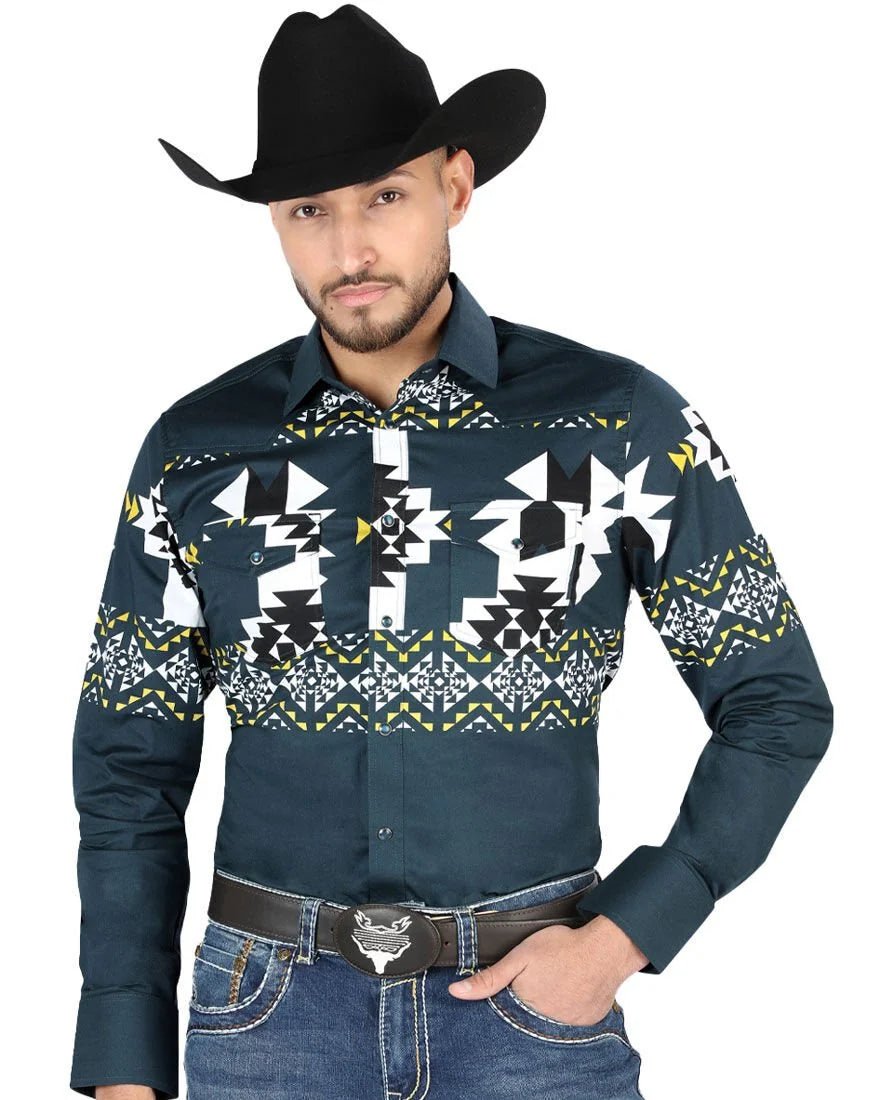El General - Teal Geometric Western Shirt for Men 44486 - OriginalWestern.com