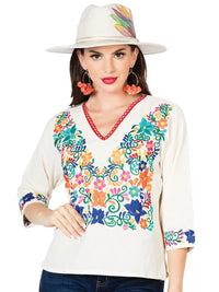 El General Women Artisanal Embroidered Blouse 100% Cotton Beige 603055 - OriginalWestern.com