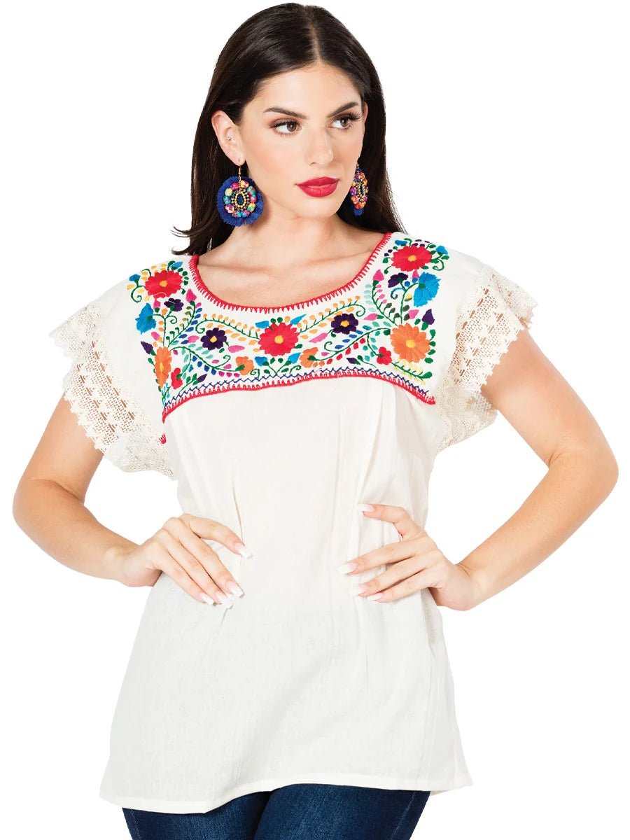 El General Women Artisanal Embroidered Blouse 100% Cotton Beige 603097 - OriginalWestern.com