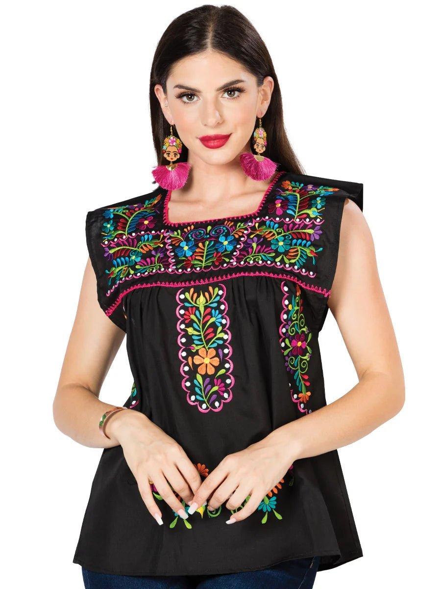 El General Women Artisanal Embroidered Blouse 100% Cotton Black 603048 - OriginalWestern.com