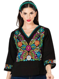 El General Women Artisanal Embroidered Blouse 100% Cotton Black 603054 - OriginalWestern.com
