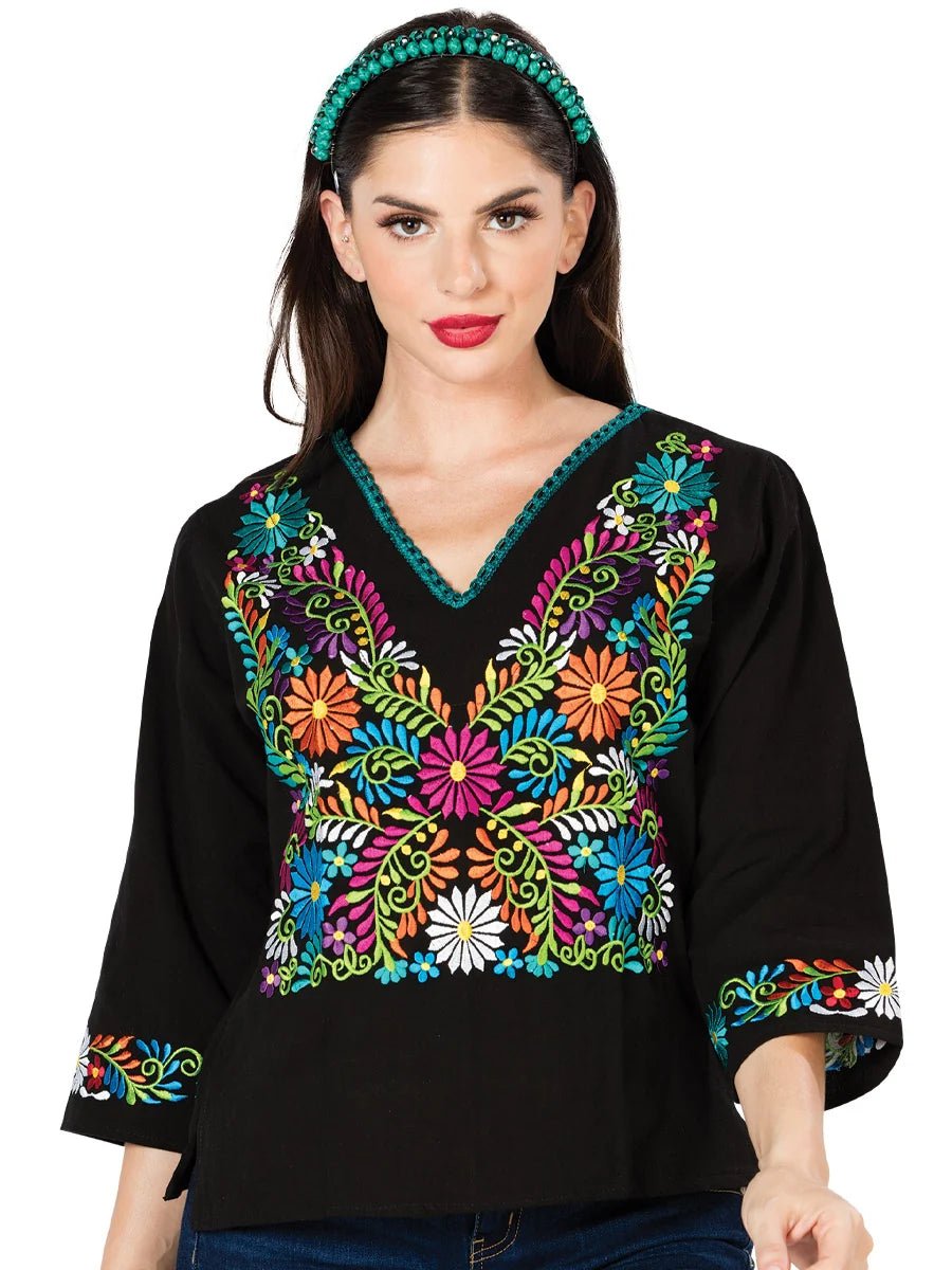 El General Women Artisanal Embroidered Blouse 100% Cotton Black 603054 - OriginalWestern.com