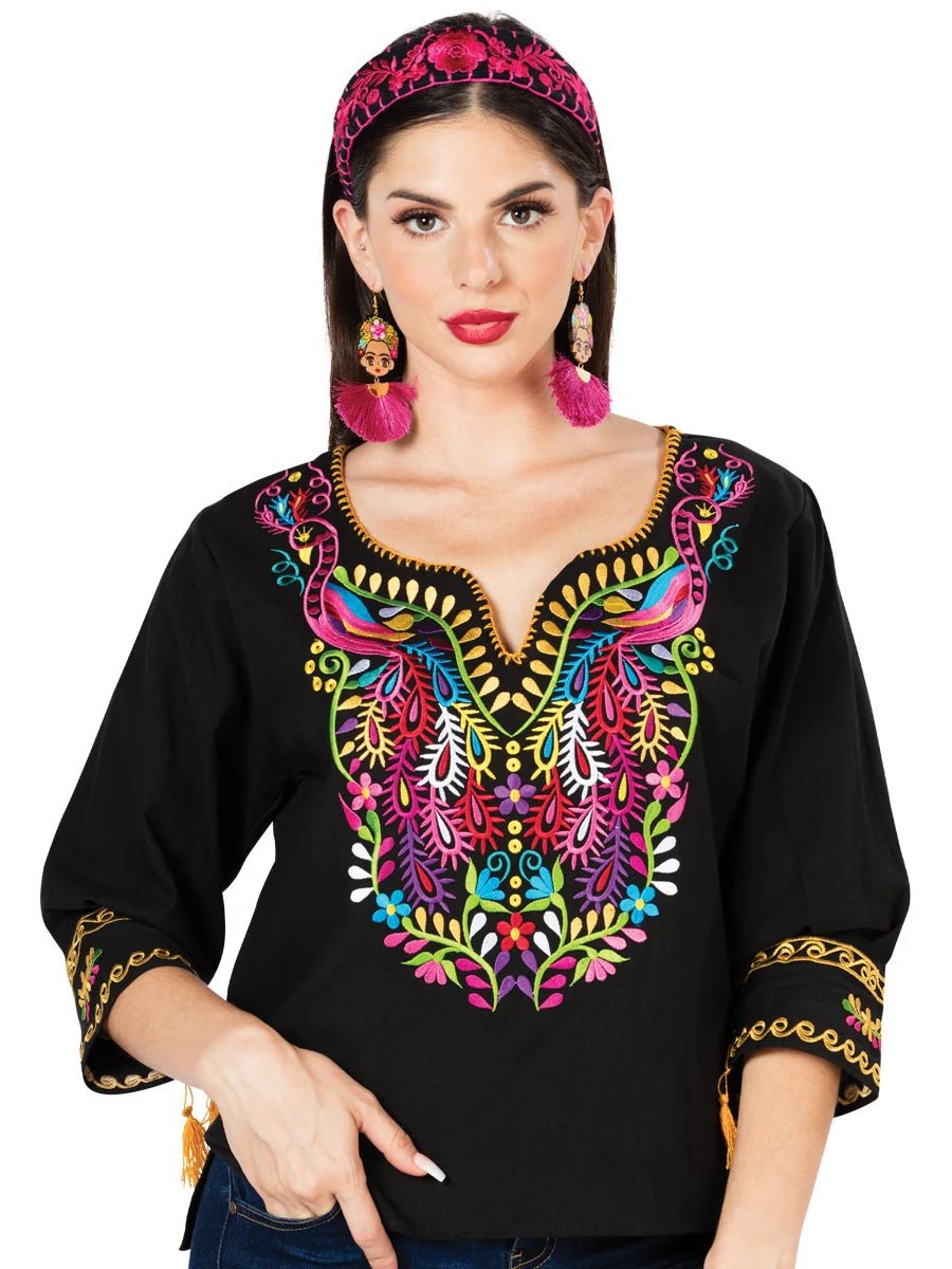 El General Women Artisanal Embroidered Blouse 100% Cotton Black 603179 - OriginalWestern.com
