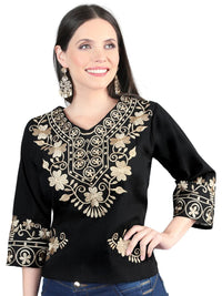 El General Women Artisanal Embroidered Blouse 100% Cotton Black 603962 - OriginalWestern.com