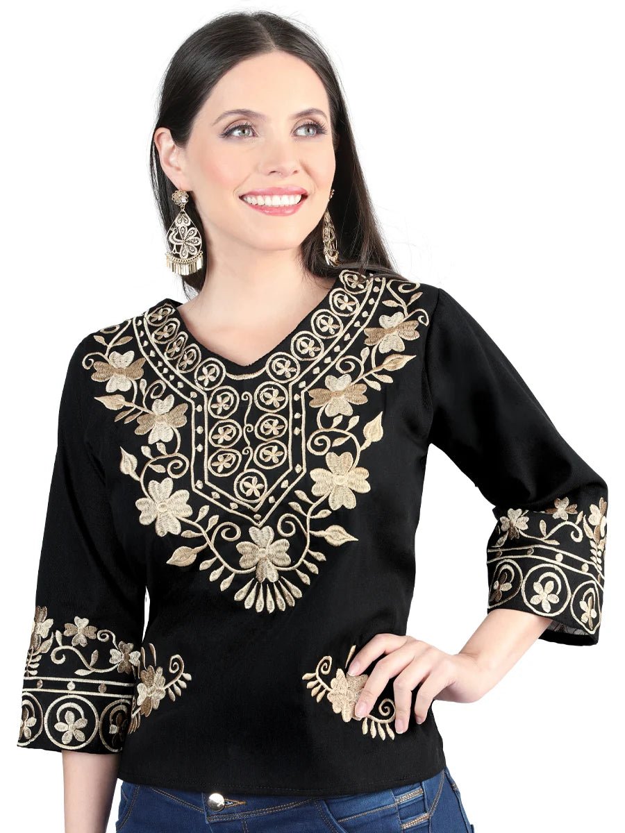 El General Women Artisanal Embroidered Blouse 100% Cotton Black 603962 - OriginalWestern.com