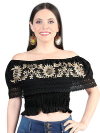 El General Women Artisanal Embroidered Blouse 100% Cotton Black 603969 - OriginalWestern.com