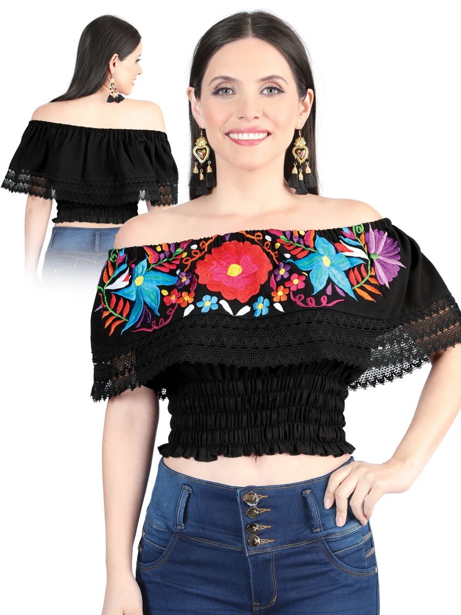 El General Women Artisanal Embroidered Blouse 100% Cotton Black 603982 - OriginalWestern.com