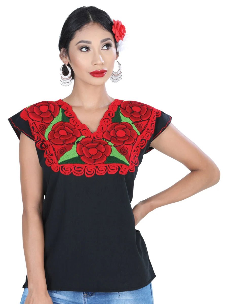 El General Women Artisanal Embroidered Blouse 100% Cotton Black/Red 601409 - OriginalWestern.com