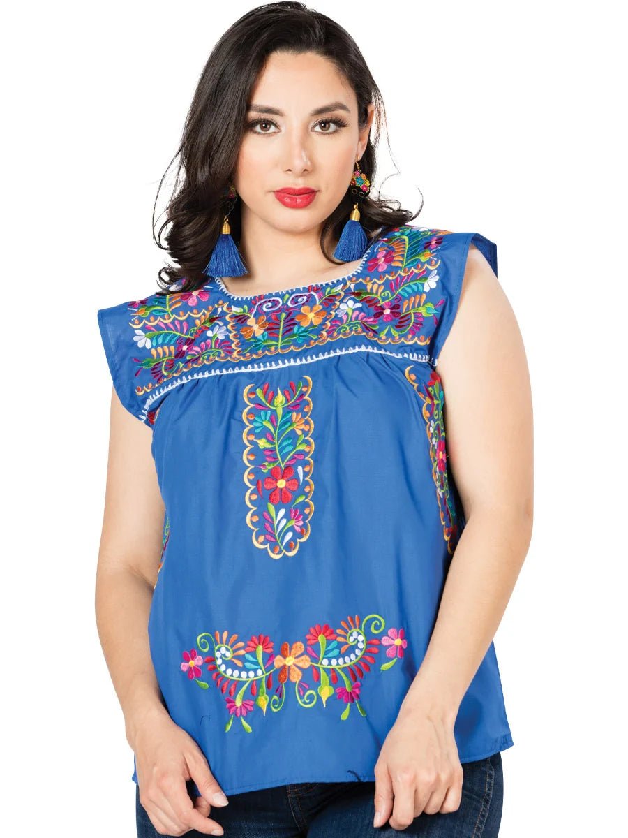 El General Women Artisanal Embroidered Blouse 100% Cotton Blue 603050 - OriginalWestern.com