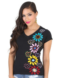 El General Women Artisanal Embroidered Sport T-Shirt 50% Cotton 50% Polyester Black 601986 - OriginalWestern.com