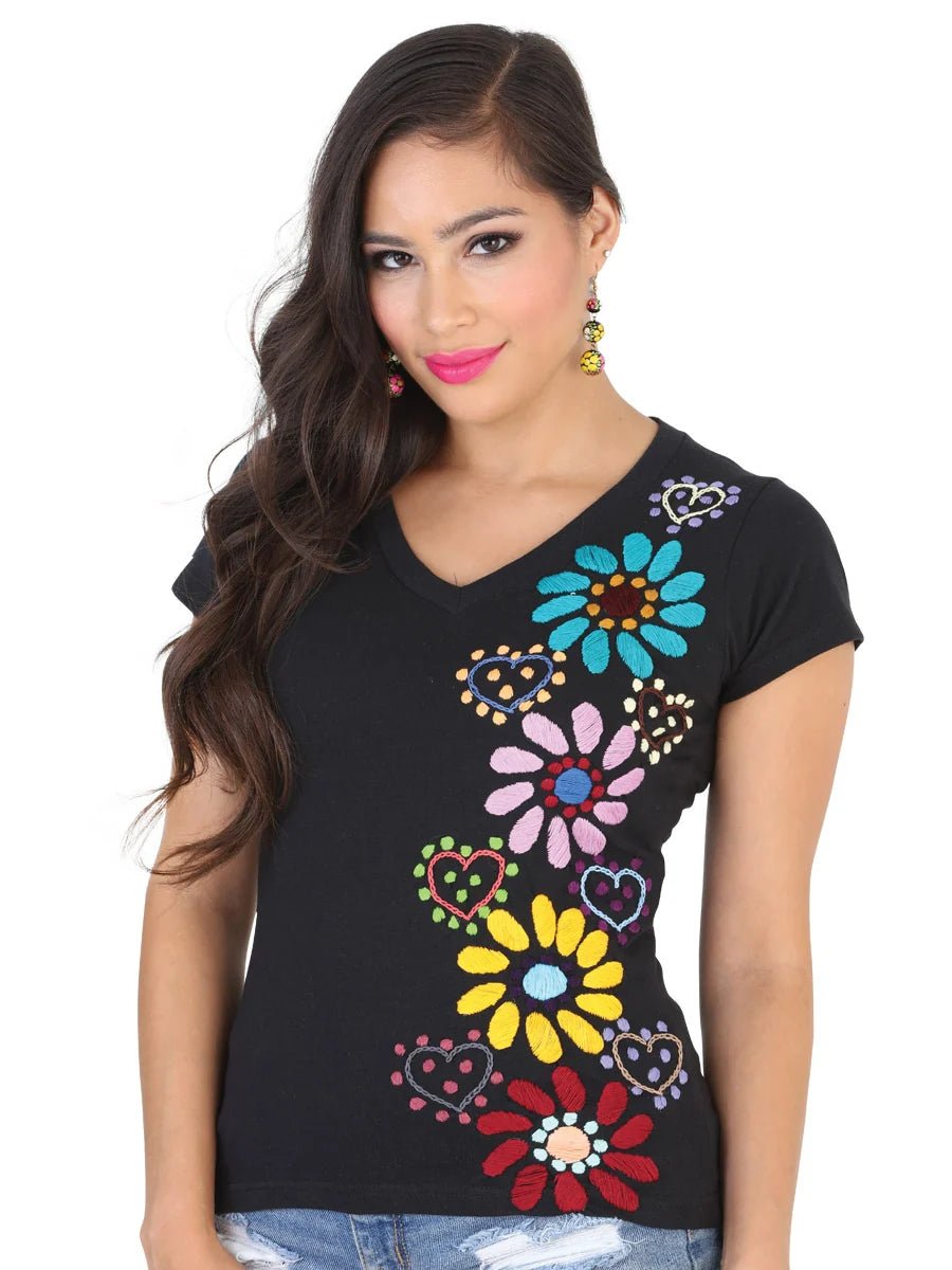 El General Women Artisanal Embroidered Sport T-Shirt 50% Cotton 50% Polyester Black 601986 - OriginalWestern.com