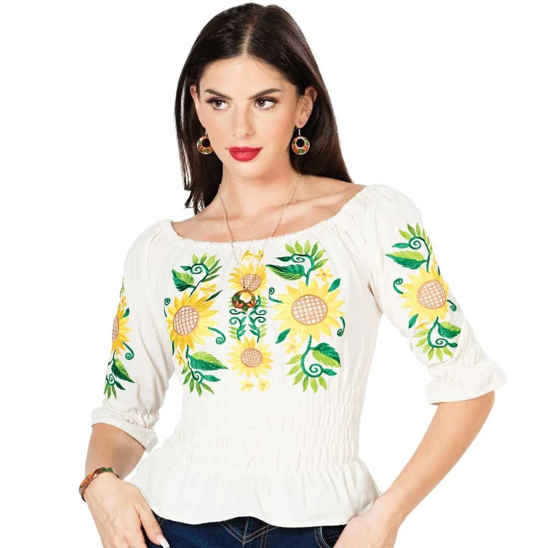 El General Women’s Blusa Artesanal Girasoles 603046 Beige - OriginalWestern.com