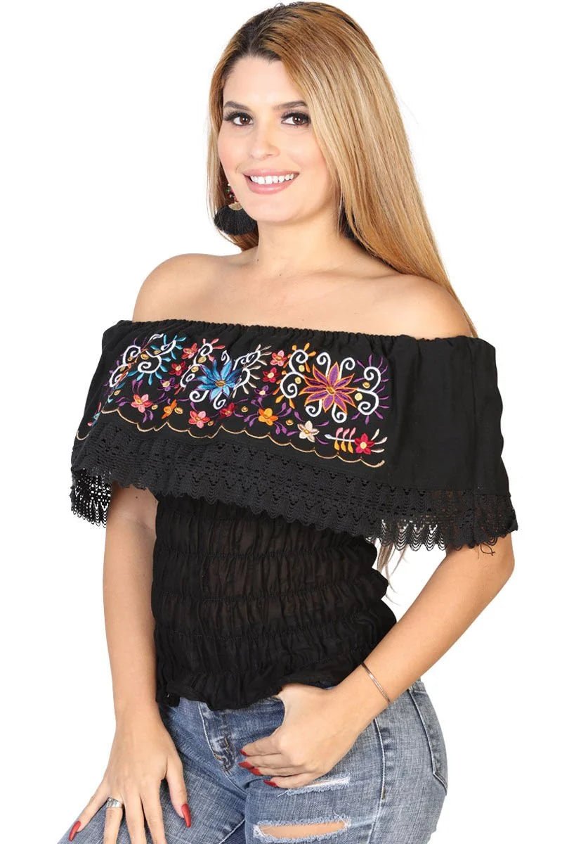 El General Women’s Blusa Resorte Artesanal Floral 602458 Negro - OriginalWestern.com