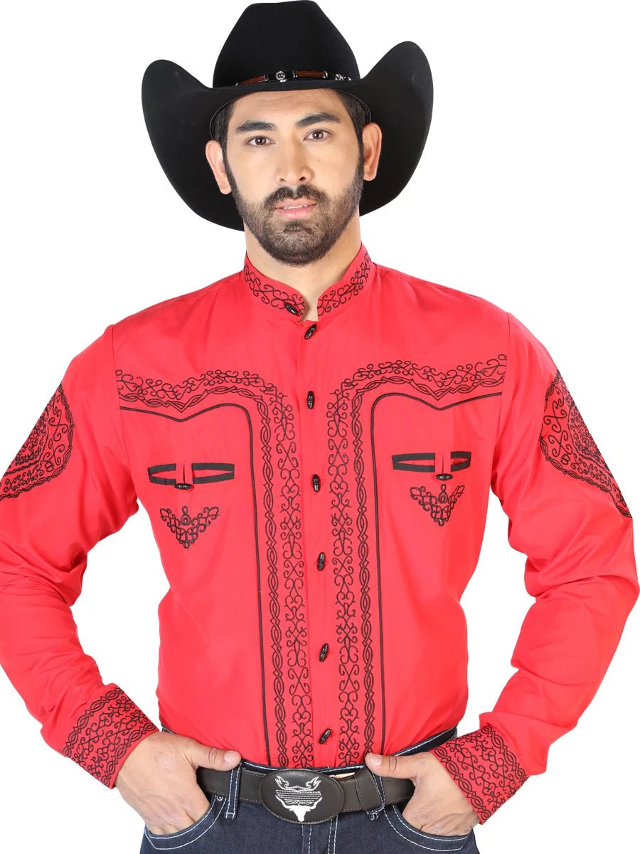 El Señor de los Cielos Charro Embroidery Shirt Red/Black 126689 - OriginalWestern.com