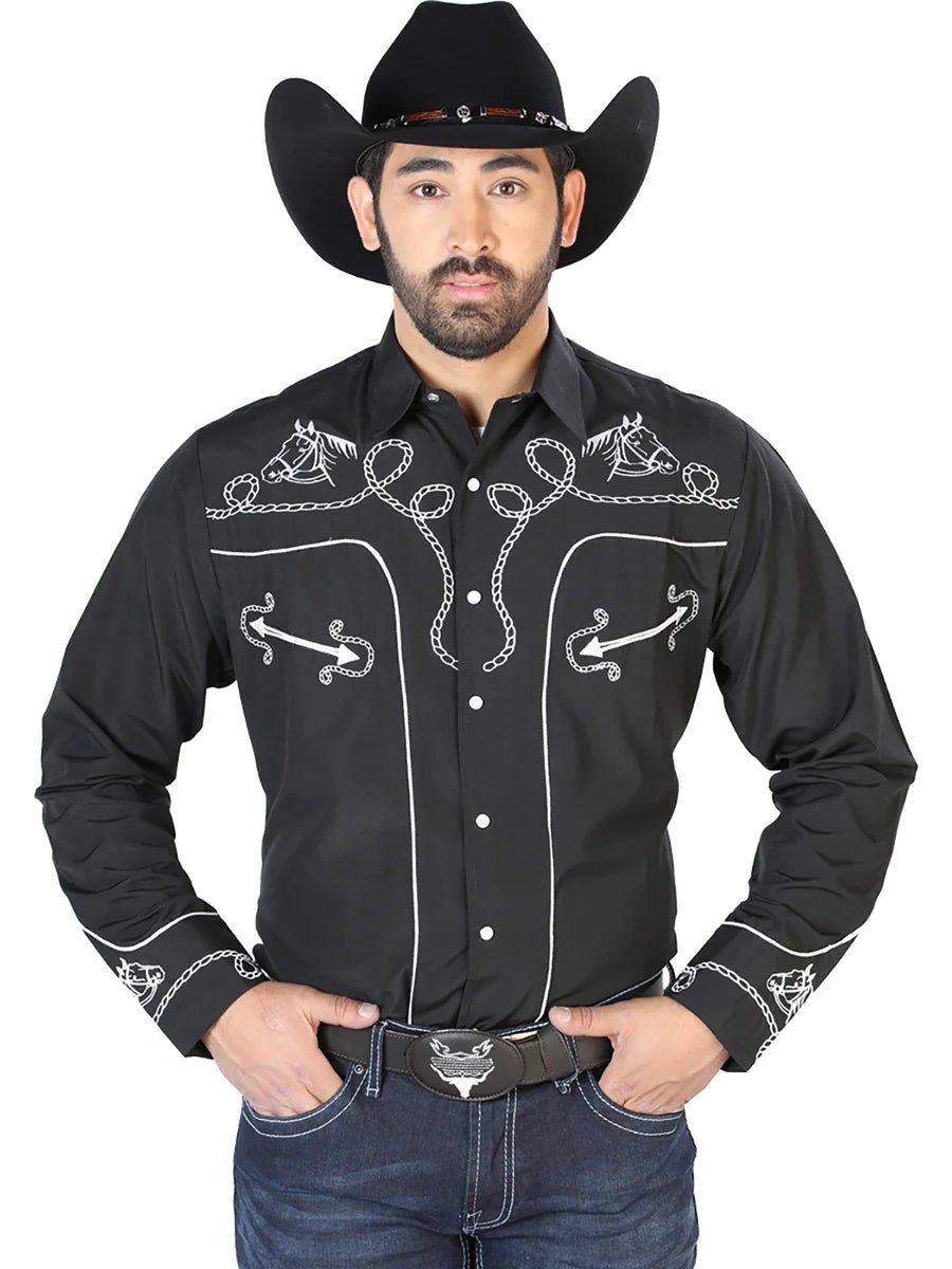 El Señor de los Cielos Embroidery Shirt Black/White 126714 - OriginalWestern.com