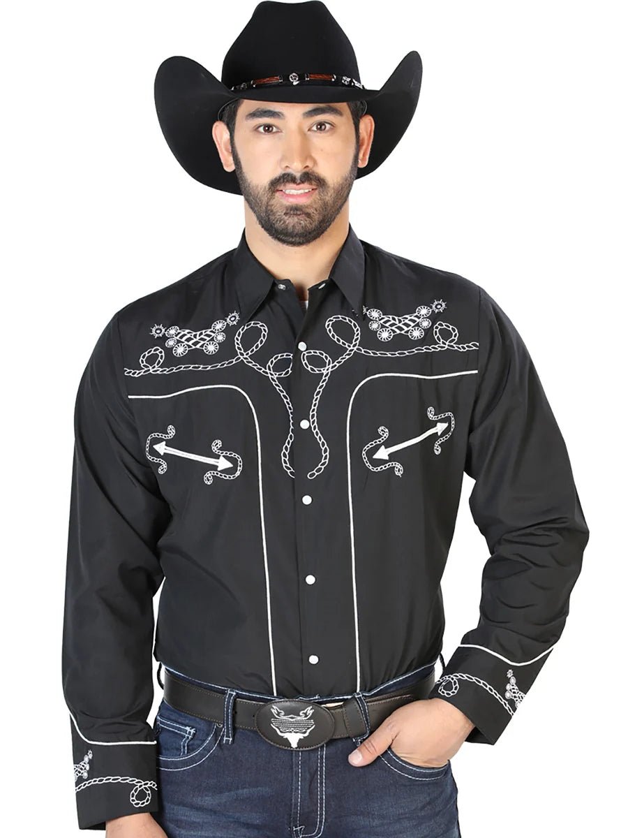 El Señor de los Cielos Embroidery Shirt Black/White 126717 - OriginalWestern.com