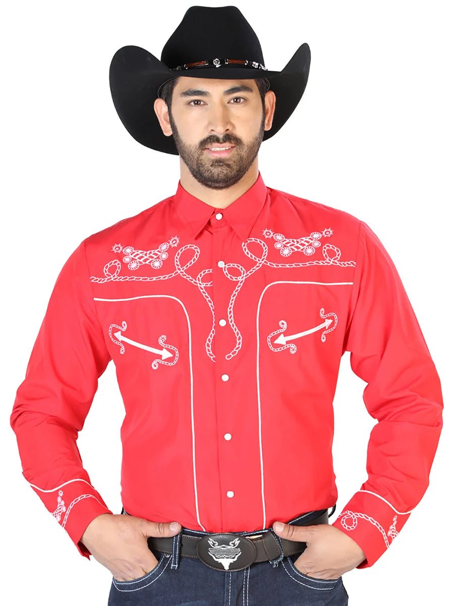 El Señor de los Cielos Embroidery Shirt Red/White 126719 - OriginalWestern.com