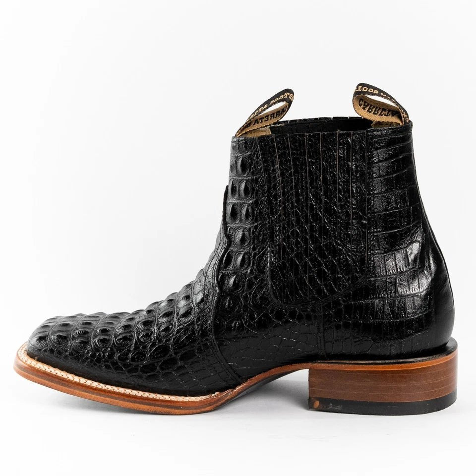 Exotic Caiman Alligator Print Square Toe Western Cowboy Ankle Boots – Black - OriginalWestern.com