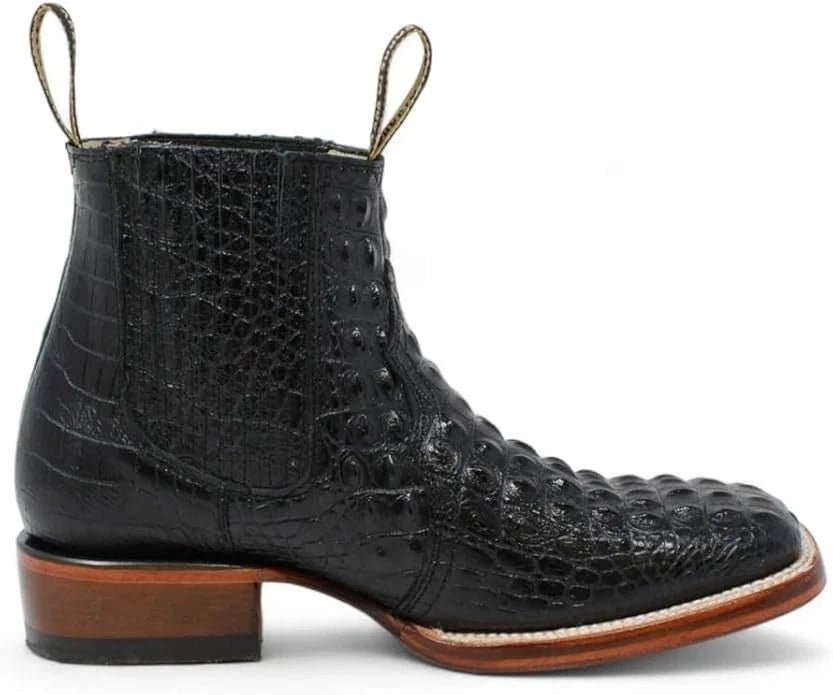 Exotic Caiman Alligator Print Square Toe Western Cowboy Ankle Boots – Black - OriginalWestern.com