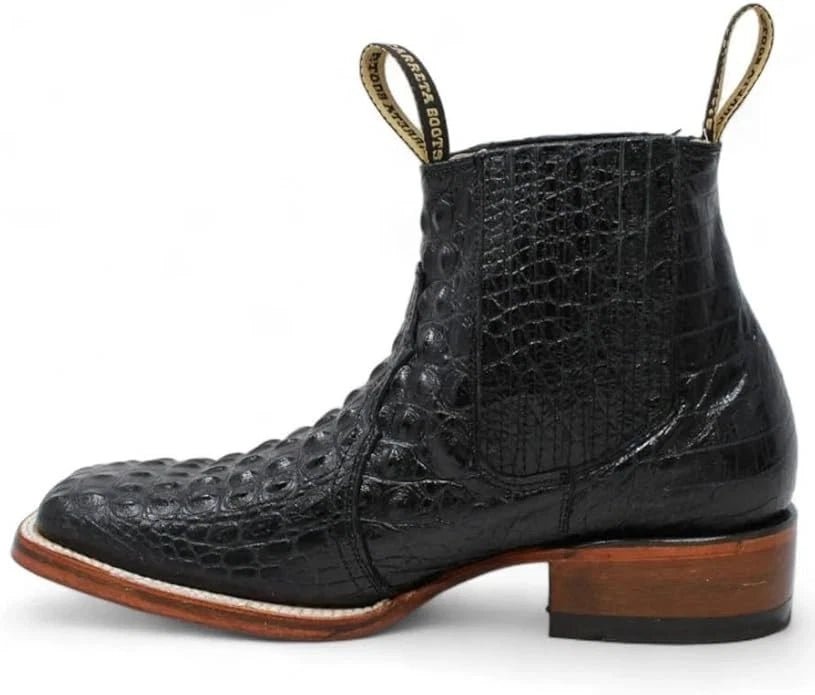 Exotic Caiman Alligator Print Square Toe Western Cowboy Ankle Boots – Black - OriginalWestern.com