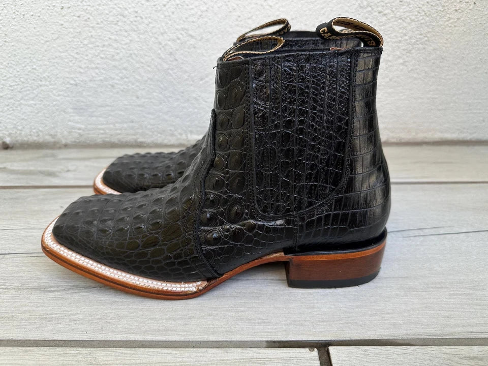 Exotic Caiman Alligator Print Square Toe Western Cowboy Ankle Boots – Black - OriginalWestern.com