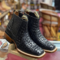 Exotic Caiman Alligator Print Square Toe Western Cowboy Ankle Boots – Black - OriginalWestern.com