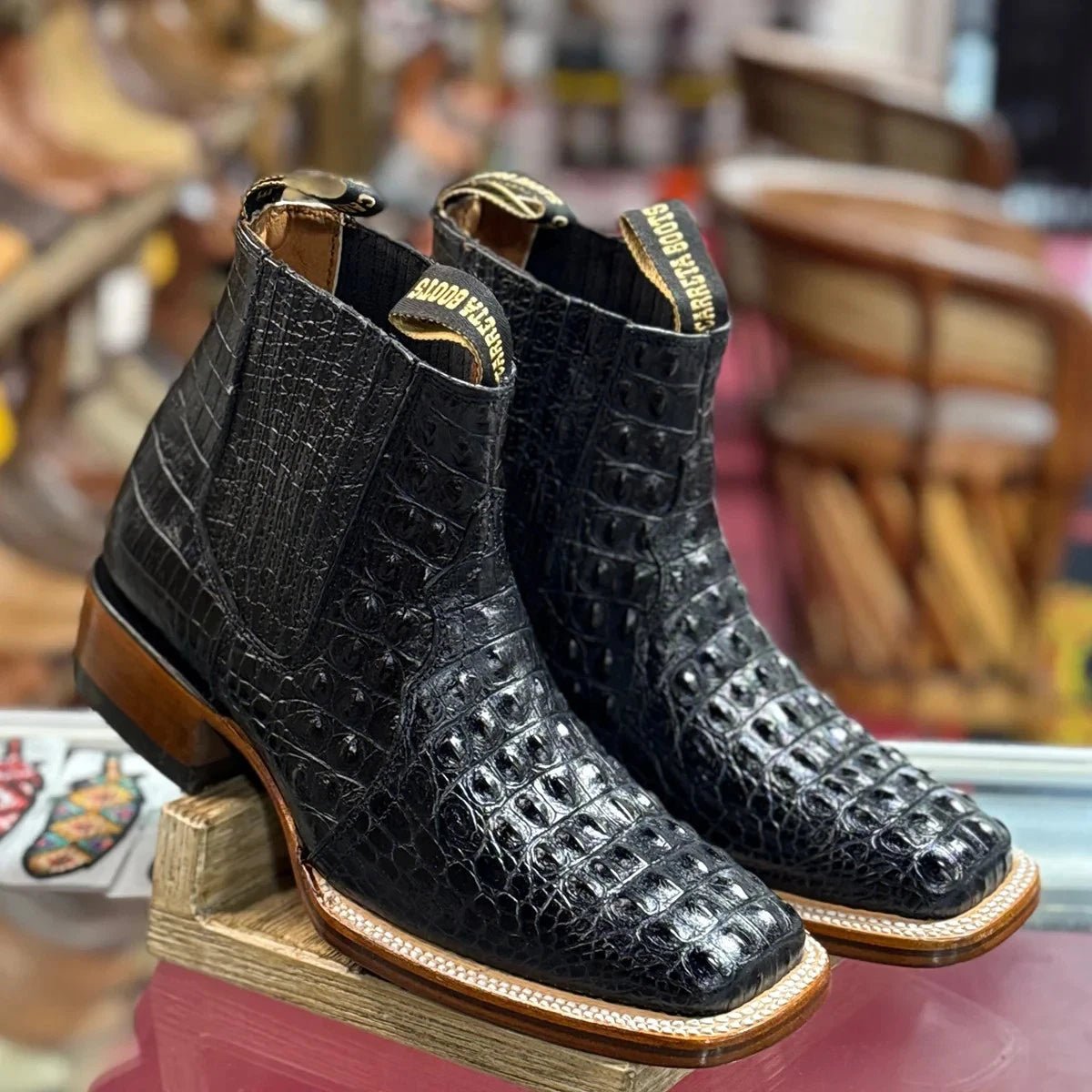 Exotic Caiman Alligator Print Square Toe Western Cowboy Ankle Boots – Black - OriginalWestern.com