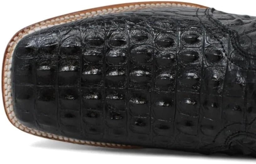 Exotic Caiman Alligator Print Square Toe Western Cowboy Ankle Boots – Black - OriginalWestern.com