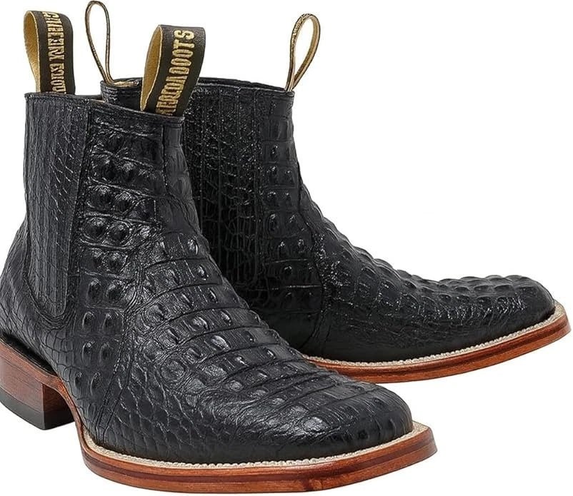 Exotic Caiman Alligator Print Square Toe Western Cowboy Ankle Boots – Black - OriginalWestern.com