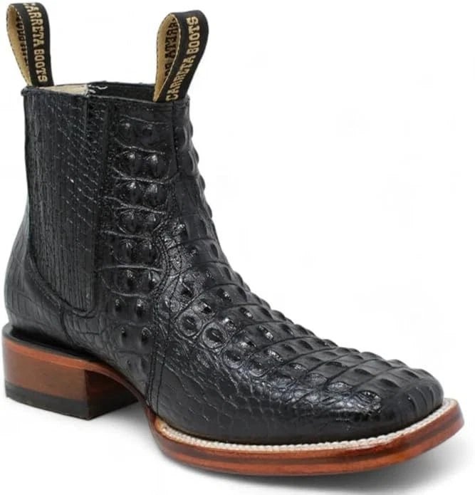 Exotic Caiman Alligator Print Square Toe Western Cowboy Ankle Boots – Black - OriginalWestern.com