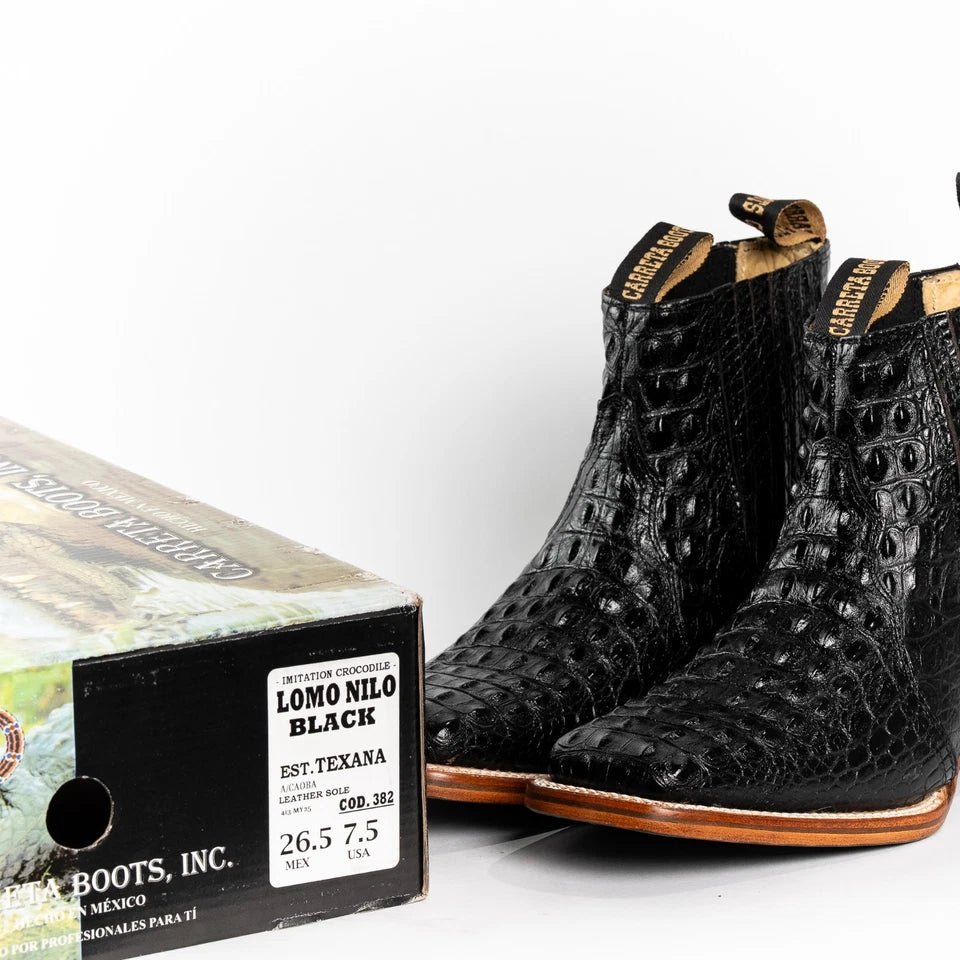 Exotic Caiman Alligator Print Square Toe Western Cowboy Ankle Boots – Black - OriginalWestern.com
